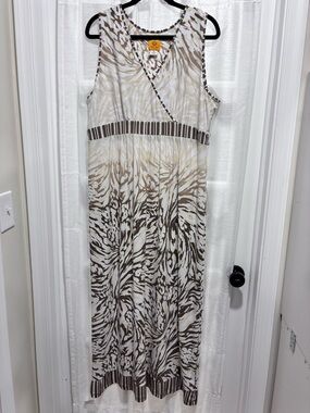 Ruby Road Sleeveless V Neck Cream Beige & Brown Patterned Maxi Dress Stretch XL